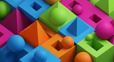 Vibrant abstract composition featuring three dimensional geometric shapes including colorful cubes pyramids and smooth spheres creating visual texture and dynamic contrast