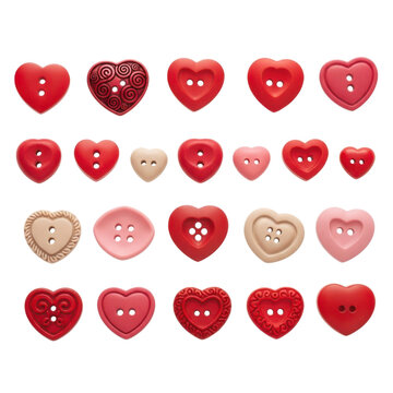 Collection of heart-shaped buttons isolated on transparent background