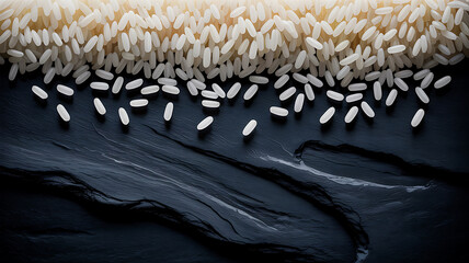 A close up view of uncooked white rice grains on a dark marble surface