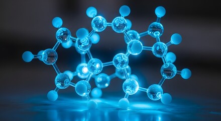 Glowing blue representation of a complex organic molecule structure symbolizing scientific research and molecular bonding in a dark laboratory setting