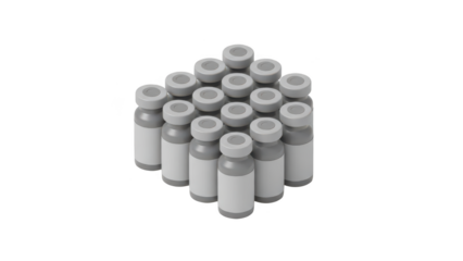 A cluster of vaccine vials in an isometric view against a solid black background
