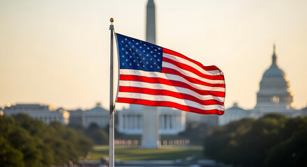 American flag flying in front of the washington monument and us capitol building