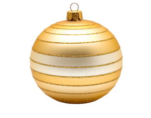 Golden and white striped spherical holiday ornament with glitter