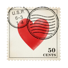Vintage heart-shaped postage stamp isolated on transparent background