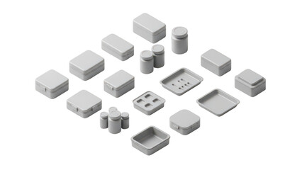 A collection of isometric light gray packaging containers and boxes on a black background
