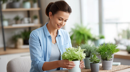 Modern woman caring for indoor plants, sustainable lifestyle choices embodying, mindfulness at home, green living practice, with copy space