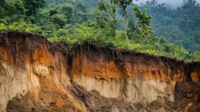 Erosion affects a hillside in a tropical forest, exposing soil layers and plant roots under cloudy conditions