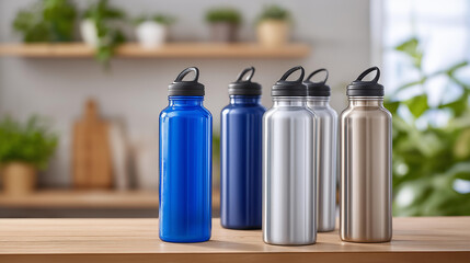 Stay hydrated reusable water bottles, fitness health promoting, eco-friendly living, sustainable lifestyle choices, modern world wellness, with copy space