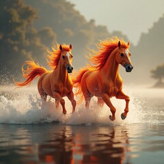 Fire Horse zodiac symbol illustrated as powerful horses with flames and water splashes. Decorative artwork for wall art, poster, print and interior design categories.