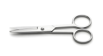 Polished stainless steel manicure scissors lying horizontally isolated against a clean white background displaying sharp precision blades and finger loops