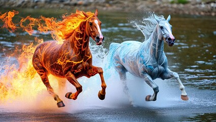 Fire Horse zodiac symbol illustrated as powerful horses with flames and water splashes. Decorative artwork for wall art, poster, print and interior design categories.