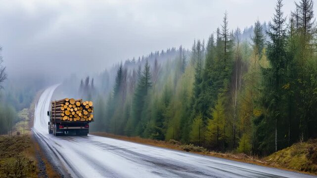 A truck carries a load of logs along a winding road surrounded by dense forest during autumn weather