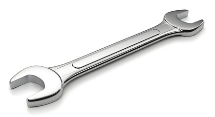 Gleaming chrome double open end wrench tool rendered in high detail against a clean white background symbolizing precision engineering and mechanical repair work.