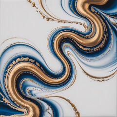Abstract fluid art with swirling gold and deep blue ink on white