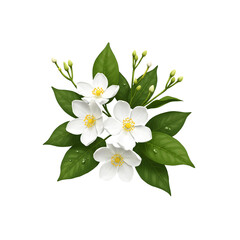 Obraz premium Jasmine Blossoms: A close-up shot captures the delicate beauty of jasmine blossoms, showcasing their pristine white petals, vibrant yellow centers, and verdant green foliage.
