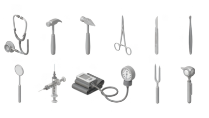 A collection of various grey isometric medical tools and diagnostic equipment on a black background