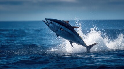 Obraz premium Majestic tuna leaping from ocean waters under bright blue sky.
