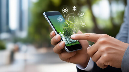 Innovative app connecting urban dwellers, sustainable living, eco-friendly choices, fingertips accessibility, environmental responsibility supporting, with copy space