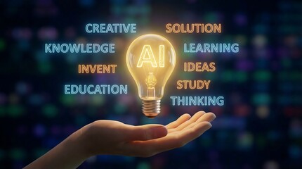 a glowing lightbulb representing artificial intelligence is held in a hand surrounded by words like creative knowledge learning and solution symbolizing innovation