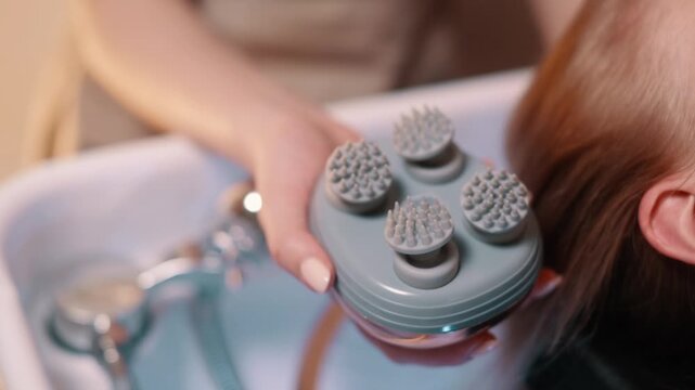 Japanese head spa treatment. A cosmetologist holds a working head massager in his hand, close-up.