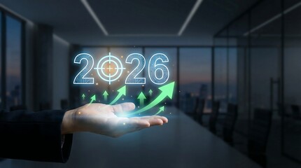 A hand presenting the glowing digital year 2026 with rising green arrows in a modern office setting with a blurred city view
