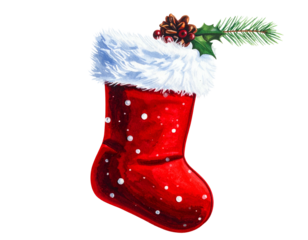 Festive red stocking with fluffy trim, dots, and natural adornments