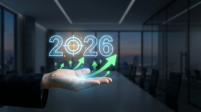 A hand presenting the glowing digital year 2026 with rising green arrows in a modern office setting with a blurred city view - Powered by Adobe
