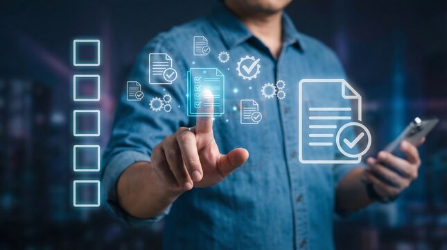 a professional interacting with glowing digital icons and a blurred city background demonstrating technology s integration into daily processes and data management concepts - Powered by Adobe