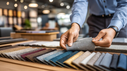 Designer selecting healthy interior materials, modern showroom, sustainable textures finishes furnishings, wellness enhancement, indoor living environments improvement, with copy space