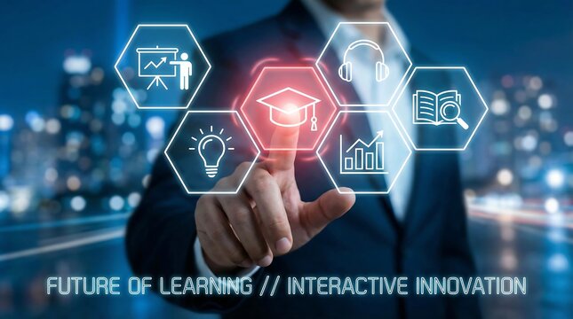 A professional is interacting with a futuristic digital interface displaying icons representing various aspects of modern education and innovative technologies in a city - Powered by Adobe