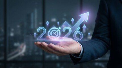 a businessman s hand gently holds a glowing holographic projection of the year 2026 with upward trending arrows symbolizing future growth and technological
