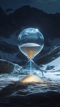 Ephemeral Sands: Hourglass of Time Flowing Amidst Snow-Capped Peaks Landscape