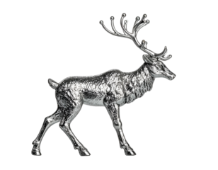 Silver metallic deer figurine, detailed antlers, black background