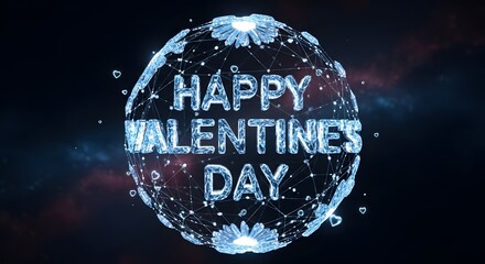 Digital futuristic crystal sphere design displaying the sparkling happy valentines day greeting against a dark abstract background with glowing elements and small floating hearts