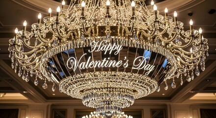 Obraz premium Ornate golden crystal chandelier beautifully illuminated for a luxurious celebration displaying a happy valentine's day message in elegant script