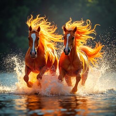 Fire Horse zodiac symbol illustrated as powerful horses with flames and water splashes. Decorative artwork for wall art, poster, print and interior design categories.