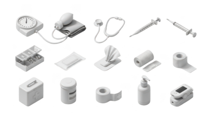 A comprehensive collection of essential medical and healthcare equipment in isometric view