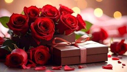 red roses and gift box