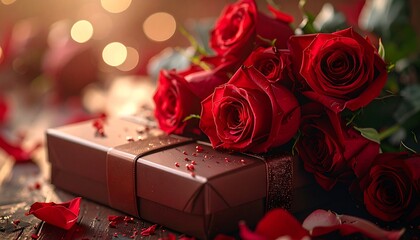 red roses and gift box