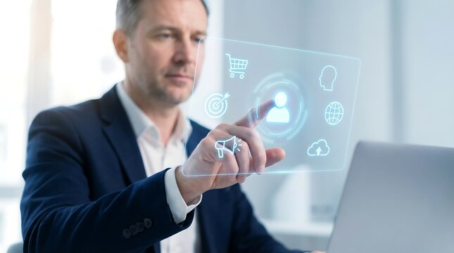 A professional businessman interacting with a futuristic digital interface displaying icons for shopping ideas targets and data analysis in a modern office environment - Powered by Adobe