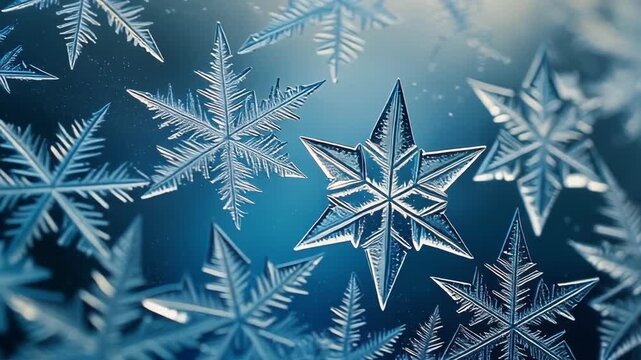 Close-up of intricate ice crystals and snowflakes on a cold winter day.