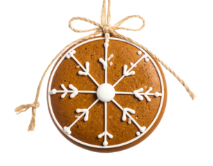 Round gingerbread cookie with snowflake icing, tied with twine