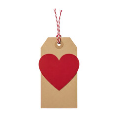 Brown paper tag with red heart isolated on transparent background