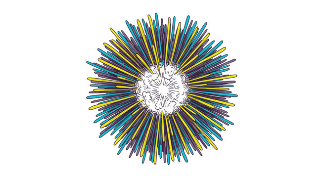 A vibrant scientific illustration of a complex, radial microscopic structure with a detailed core and numerous blue and yellow filaments.