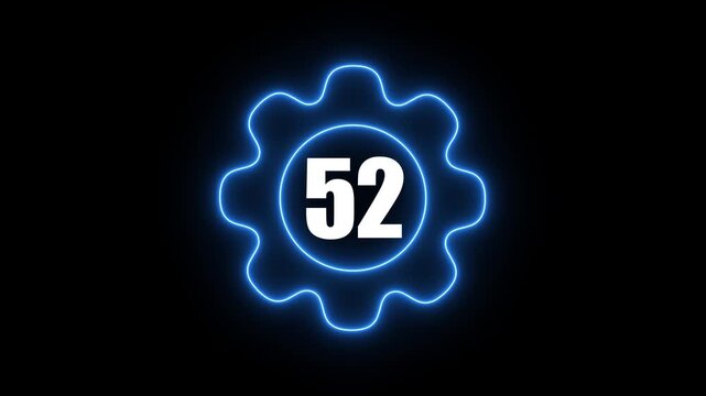 Glowing Blue Gear with Number 52 Neon Light Effect on Dark Background Technology Concept gear dark background