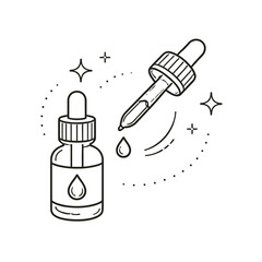 Line art illustration of a dropper bottle with a pipette and liquid drop. Minimalist cosmetic or medical product design, suitable for skincare, serum, or essential oils.