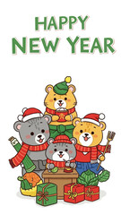 Fototapeta premium Happy New Year greeting card with cute bears, festive holiday bear family in winter outfits, kawaii animal characters with gifts and food