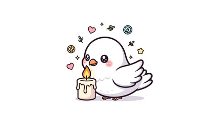 A white bird holds a candle surrounded by hearts and peace signs.