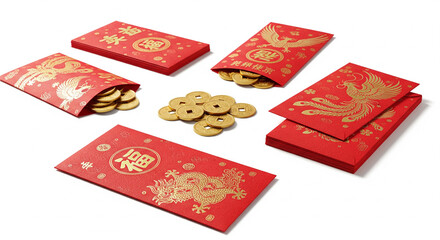 Chinese New Year Red Envelope and Gold Coins on White Background