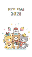 Fototapeta premium Kawaii New Year 2026 greeting card, cute animal characters with gifts and scarves, pastel celebratory illustration for 2026 calendar